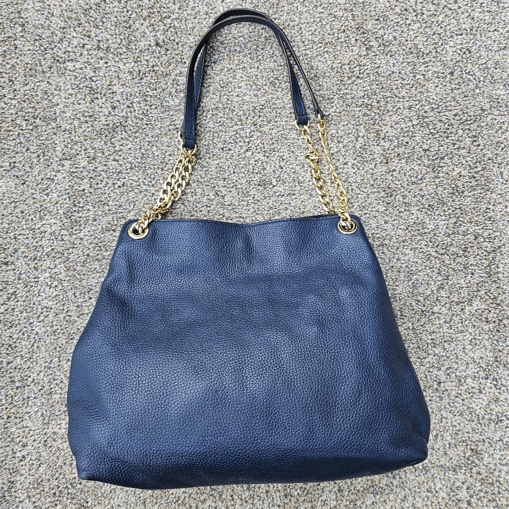 Michael Kors Jet Set Medium Navy Blue Chain Link Leather Shoulder Bag Purse - Picture 7 of 16
